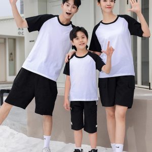 短袖圓領插肩拼色親子裝